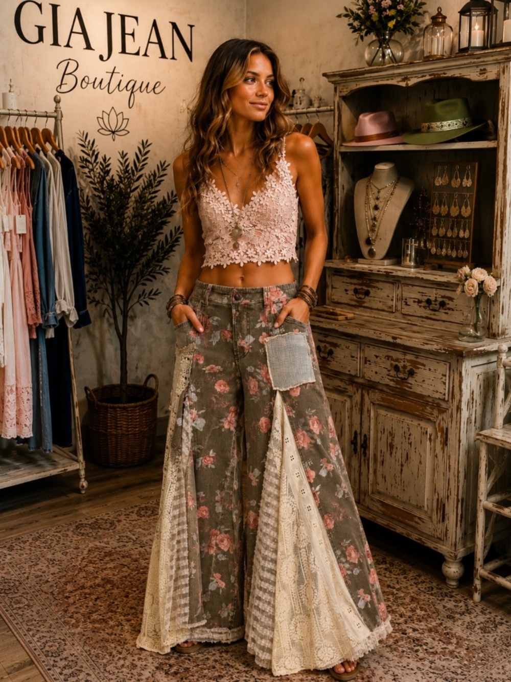 🎉 Blue Velvet “ SERENA “ Blue Velvet LACE INSERT FLOWER PRINT PANTS 94